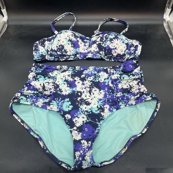 Adore Me womens 2 piece bikini swim suit size Medium blue floral high waisted - Picture 1 of 9